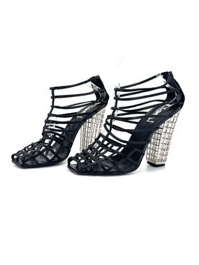 Saint Laurent Spring 2009 Black Leather Silver Metal Heel Cage Boots 39